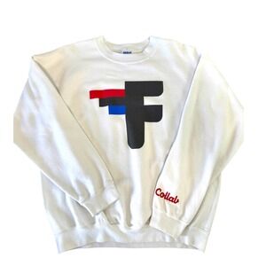 Gildan Heavy Blend White F Graphic Logo Crewneck Sweatshirt Collab Sleeve Mens L
